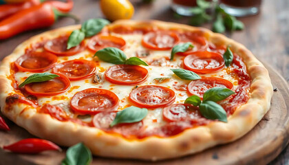 Close-up of a freshly baked Italian pizza featuring melted cheese, juicy tomatoes, and fresh basil leaves, served on a wooden table with vibrant decoration. Perfect for gourmet and culinary themes