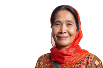 Cheerful middle-aged Malaysian female batik artist isolated on transparent white background