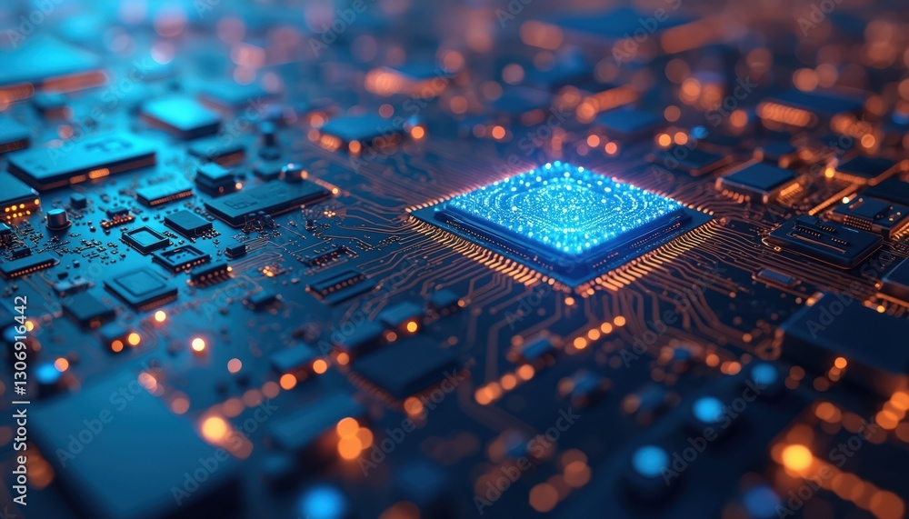 Poster Close-up abstract computer architecture with glowing central processor unit on motherboard. Information tech, artificial intelligence concept. Futuristic blue, orange lights with digital cyberspace