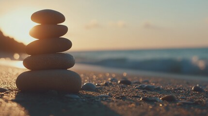 Fototapeta premium Zen stones stacked on a sandy beach at sunset with the ocean in the background