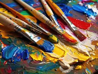 Vibrant palette with paintbrushes showcasing artistic creation and colorful hues