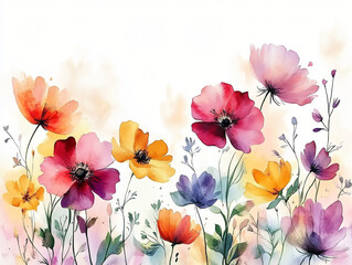 A vibrant overhead shot of assorted watercolor flowers, ideal for spring events, wedding invitations, and cheerful decoration themes.