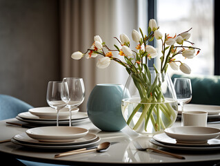 Beautiful spring table setting with tulip flowers in a vase, blurry bright window background 