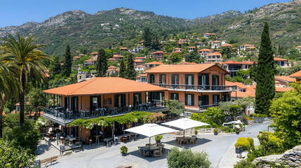 Obraz premium Mediterranean village square with terracotta-roofed buildings, outdoor cafe, sunny day, and hillside town