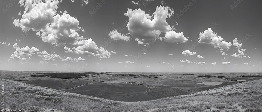 Aufkleber landscape view of fields with clouds in sky in panoramic shot, use in web design