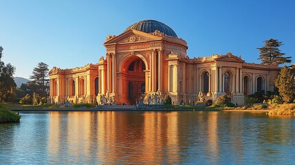 Naklejka premium Large building by water, trees; possibly for travel, architecture, tourism