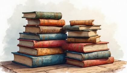 Watercolor illustration depicts stacks of vintage books on table. Education and knowledge concept. Pile of used literature, study material in library, bookshop. Retro design elements for banner.