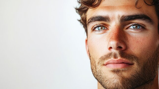 Young man with blue eyes and tousled hair posing - Powered by Adobe