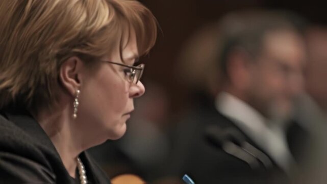 Professional congresswoman wearing glasses and pearl earrings listening intently during legislative session, subtly shifting head while focusing on speaker's testimony