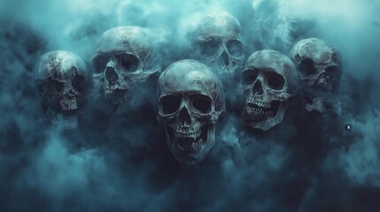 The dark, misty backdrop enhances the spectral presence of the skulls, forming a gripping illustration perfect for gothic or horror-themed designs.
