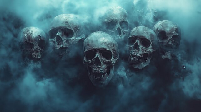 The dark, misty backdrop enhances the spectral presence of the skulls, forming a gripping illustration perfect for gothic or horror-themed designs.