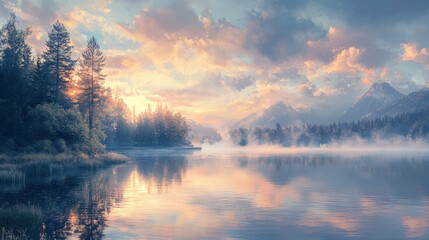 Obraz premium A serene landscape featuring a tranquil lake, surrounded by trees and mountains, with soft clouds and a pastel sunrise reflecting on the water.