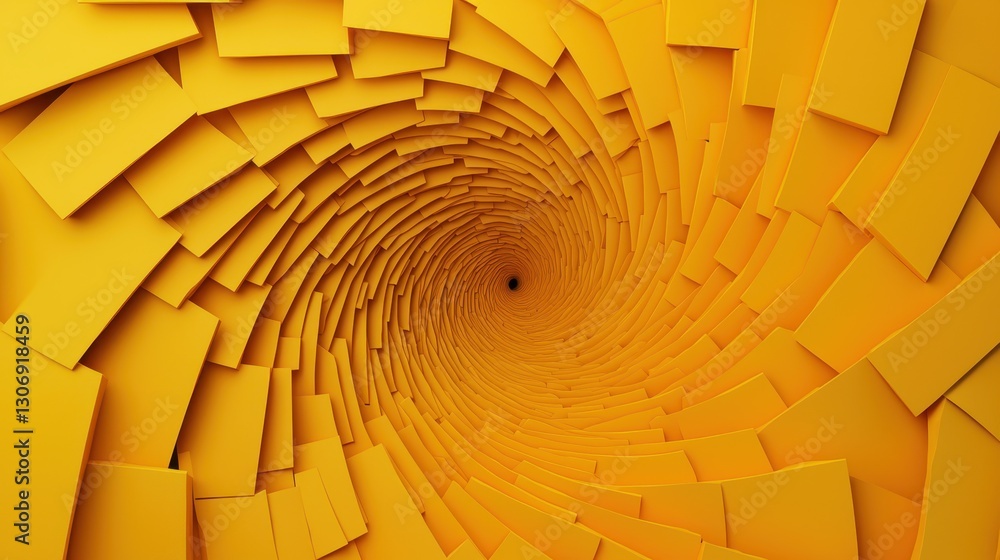 Poster spiraling yellow shapes creating a dynamic tunnel effect of bright color and depth in abstract backg