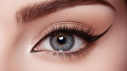 Obraz premium Intricate makeup details enhance the eye’s beauty, with voluminous lashes and sharp eyeliner creating a captivating, high-fashion look.