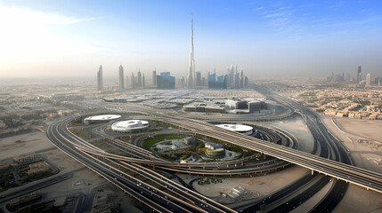 Fototapeta premium Aerial view of Dubai's modern cityscape, highway interchange, and desert landscape, showcasing urban development and architectural marvels