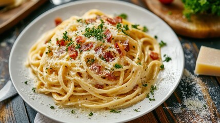 Creamy Spaghetti with Bacon and Fresh Herbs Topped with Parmesan Cheese on a Wooden Table with Ingredients in the Background