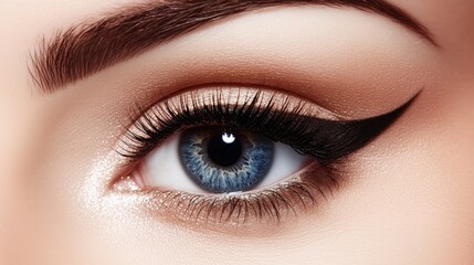 Obraz premium Intricate makeup details enhance the eye’s beauty, with voluminous lashes and sharp eyeliner creating a captivating, high-fashion look.