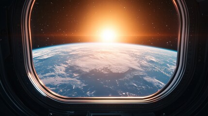 Stunning Earth View from Space with Bright Sunrise Above the Horizon Visible Through a Spaceship Window