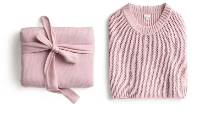 Cozy Comfort: A warm, blush pink sweater and blanket presented as gifts, perfect for gifting and cozy moments.