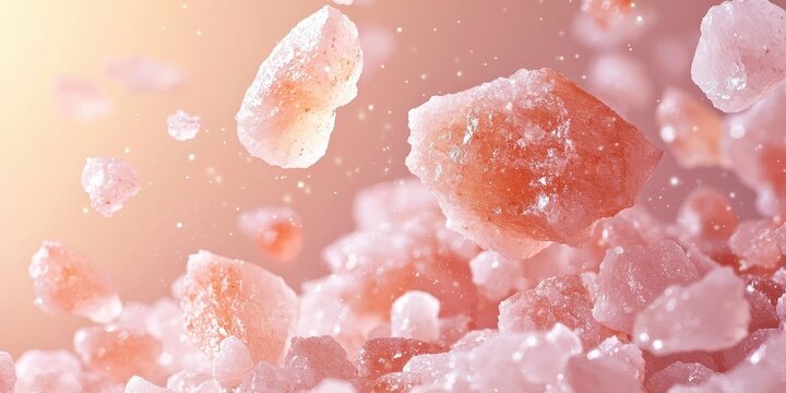 Pink Himalayan salt crystals floating in a gentle pink glow on a pastel rose background