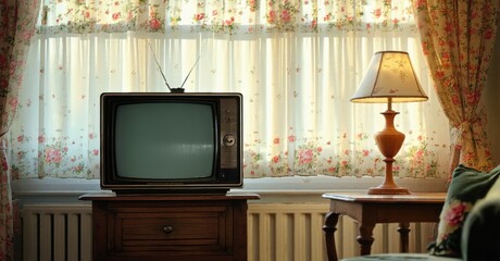 Fototapeta premium Old fashioned tv wooden stand placed nostalgic family home faded floral curtains soft glow vintage table lamp