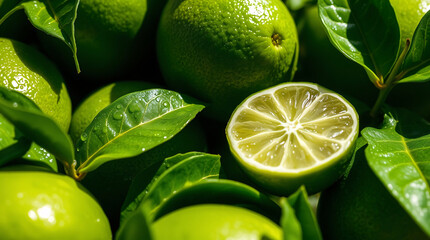 close-up of fresh limes and lime tree leaves, with water droplets and splashes of crystal-clear water. One lime is cut in half, revealing its juicy, vibrant interior.