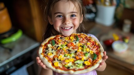 Happy young girl smiles holding a pizza. Homemade meal is a delicious food. Food on a kitchen background. Fresh cooked pizza in her hands.