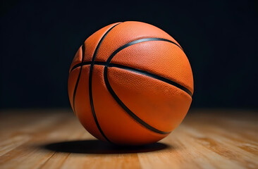 Obraz premium Orange basketball ball with brown stripes showned close-up on dark background. Ball lies on brown floor