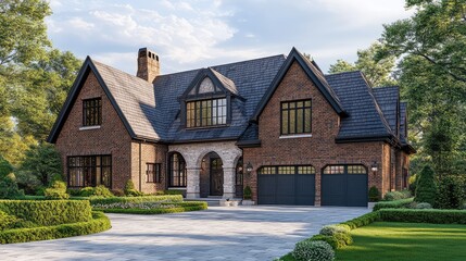 Belgian-style brick house with a slate roof, large bay windows, and a neatly paved driveway. Spacious copy space in the sky.