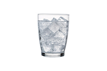 A compact glass containing crystal-clear water and large ice cubes. The icy condensation on the exterior suggests an ultra-cold, refreshing drink, isolated on a transparent background
