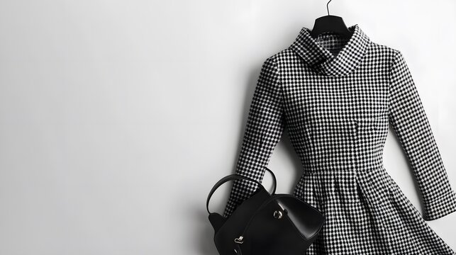 Chic Dress and Handbag: A stylish houndstooth dress paired with a sleek handbag hangs elegantly, the embodiment of refined fashion and accessorizing.