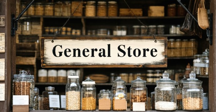 Naklejki Rustic wooden sign general store deep walnut cream hanging metal bracket softly reflecting vintage shelves stocked old fashioned goods