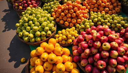 Vibrant fruit market filled with fresh apples and citrus, tropical abundance