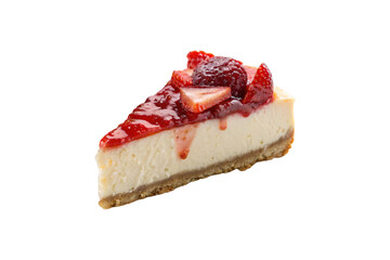 A luscious slice of cheesecake with a golden graham cracker crust, topped with a glossy strawberry sauce and fresh sliced strawberries, isolated on a transparent background