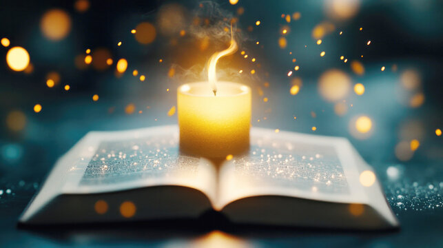 Mystical candlelight on open book of shadows with evocative white magic ritual elements for spiritual design