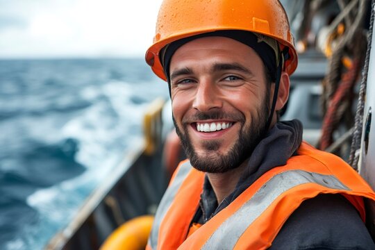 Smiling offshore marine engineer wearing orange helmet and vest on a ship
