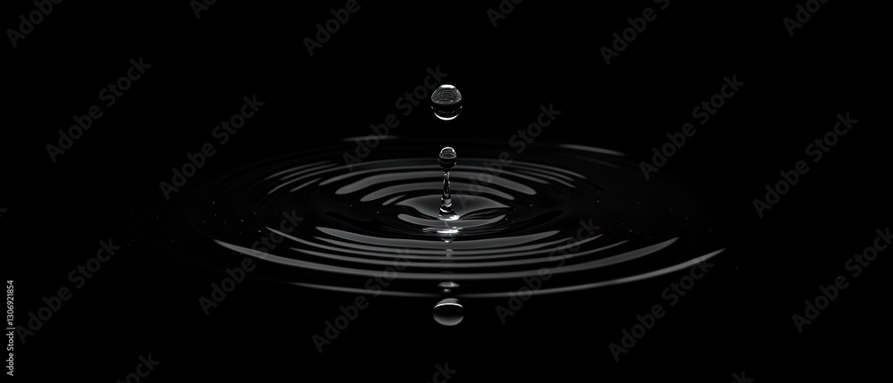 Poster droplet disturbing calm water surface with rippling circles in dark environment, creating elegant an