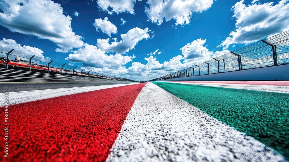 Poster dramatic low-angle shot of a race track, emphasizing speed and power. open copy space.
