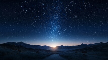 Fototapeta premium Starry night sky over distant mountains at dawn