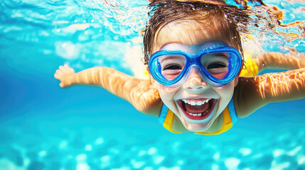 Joyful toddler learning to swim underwater in blue pool, embracing summer fun and childhood adventure