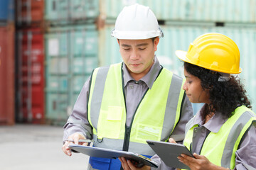 Businesswoman and logistic or shipyard engineer have a discussion or business due at container yard.