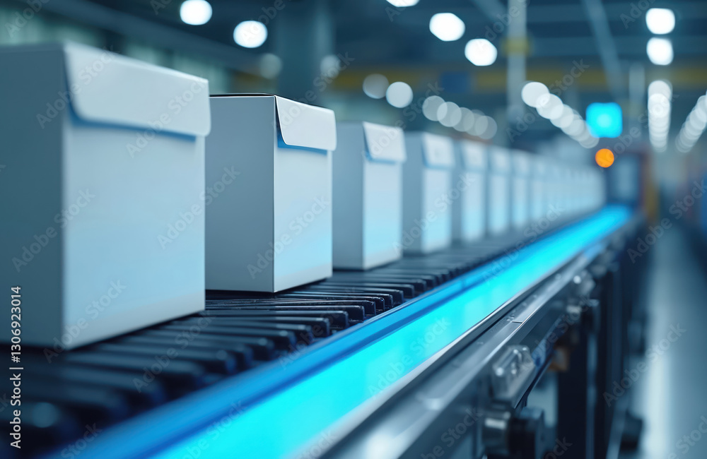 Poster white boxes move on automated blue illuminated conveyor belt in tech factory. streamlined modern del