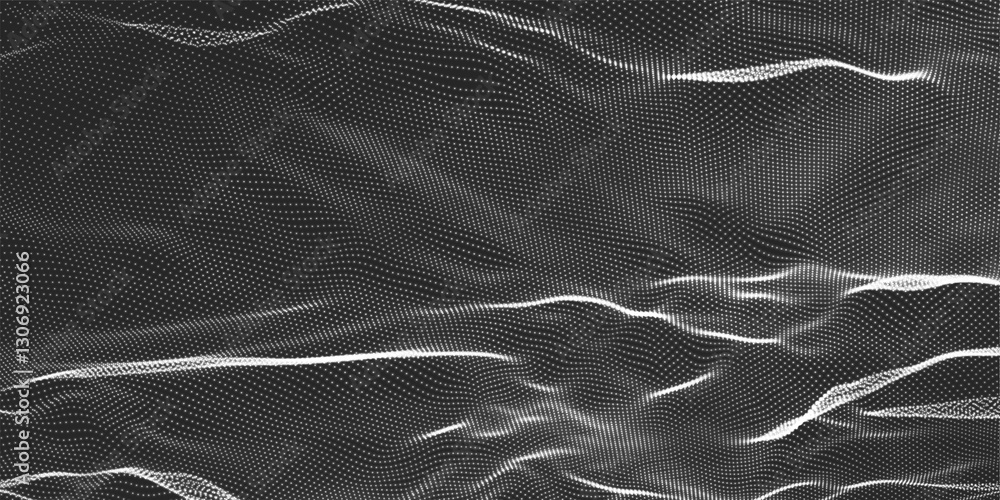 Poster futuristic black and white dot wave. abstract digital particle wave. technological background. dark 