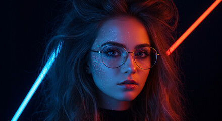 Fototapeta premium Fashion Surreal Concept. Stunning tousled hair girl of neon glow lighting, shimmer makeup wearing glasses spectacle.