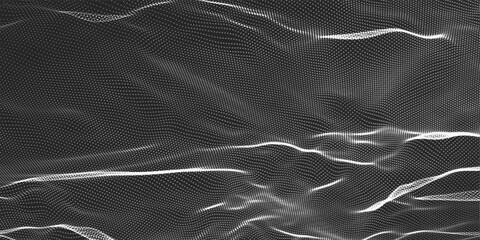Futuristic black and white dot wave. Abstract digital particle wave. Technological background. Dark background. Digital background with smooth wavy curves. 3D rendering