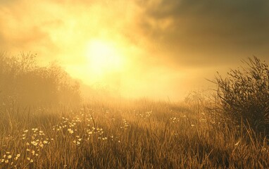 Obraz premium Golden Sunrise Over A Misty Spring Field