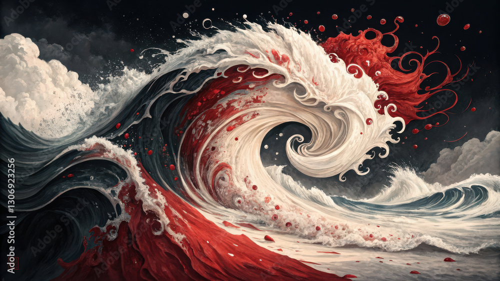Poster dynamic abstract composition featuring swirling waves in red and white, creating dramatic and emotio