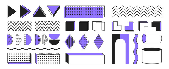Memphis abstract shapes and forms, geometric flat and 3d dimensional art, sticker set, retro colorful vector graphic elements.