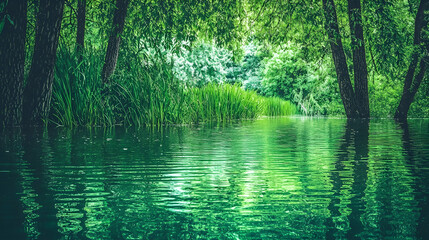 Obraz premium Lush green forest river reflection, tranquil waters, summer day, serene nature scene, ideal for travel brochures