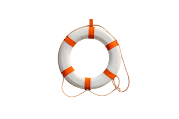 A slightly worn white lifebuoy with orange bands, suspended by a rugged rope, suggesting readiness for emergencies in a sea-inspired scene, isolated on a transparent background